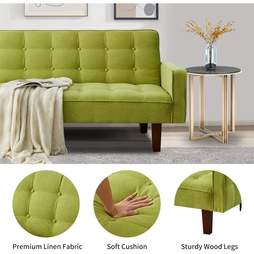 ##For Futon Sofa Bed, Modern Tufted Loveseat Sofa Sleeper, Linen 3 Seater Couch for Living Room, Bedroom, Apartment, Green& view 4