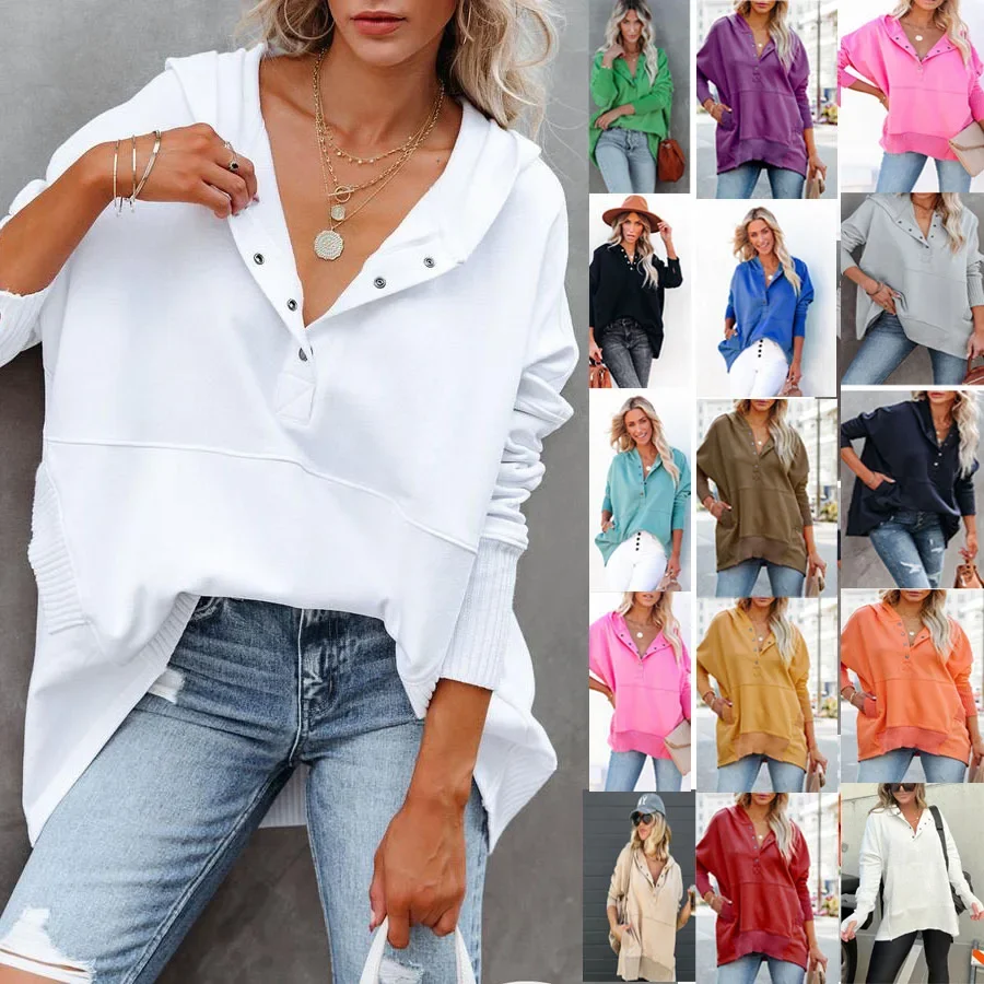 Women\'s new V-neck hooded multi-color bat sleeve hoodie loose thread patchwork camisas traf official store loja traf anime