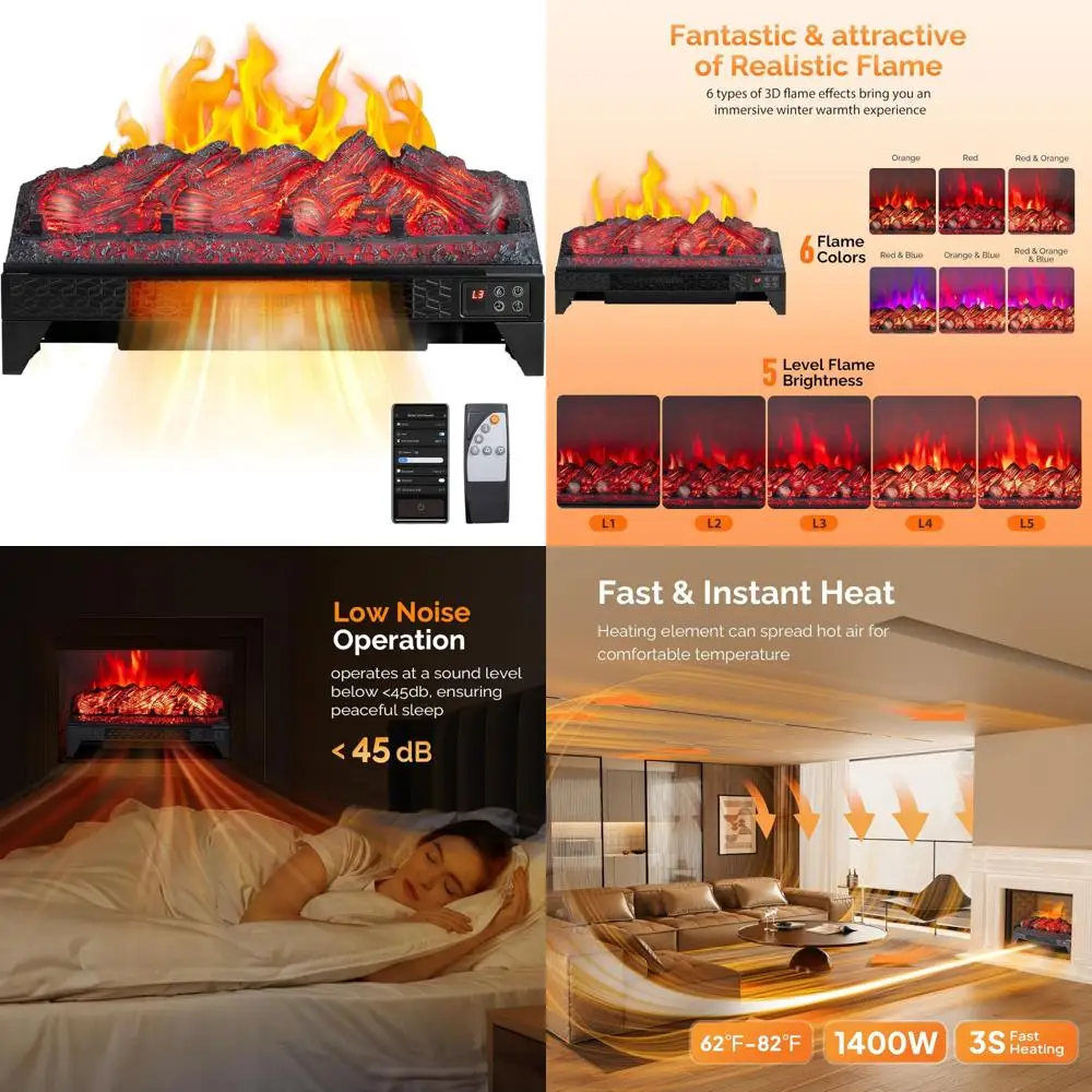 

23, электрическая каминная вставка с дистанционным управлением и Wi-Fi, искусственными бревнами, таймером, защитой от перегрева, регулируемым пламенем