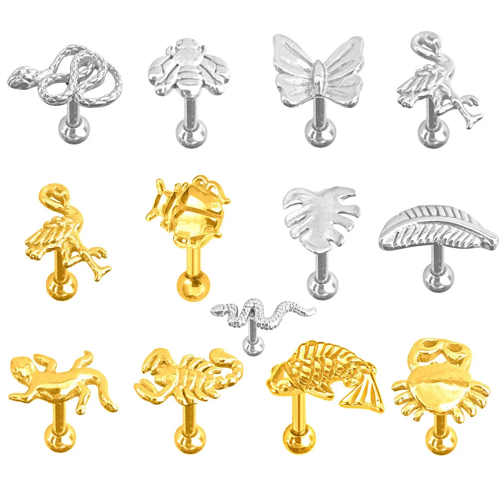 16G Snake Bee Scorpion Daith Conch orecchino pesce granchio insetto Tragus cartilagine Stud farfalla piuma fiore foglia Hliex Piercing