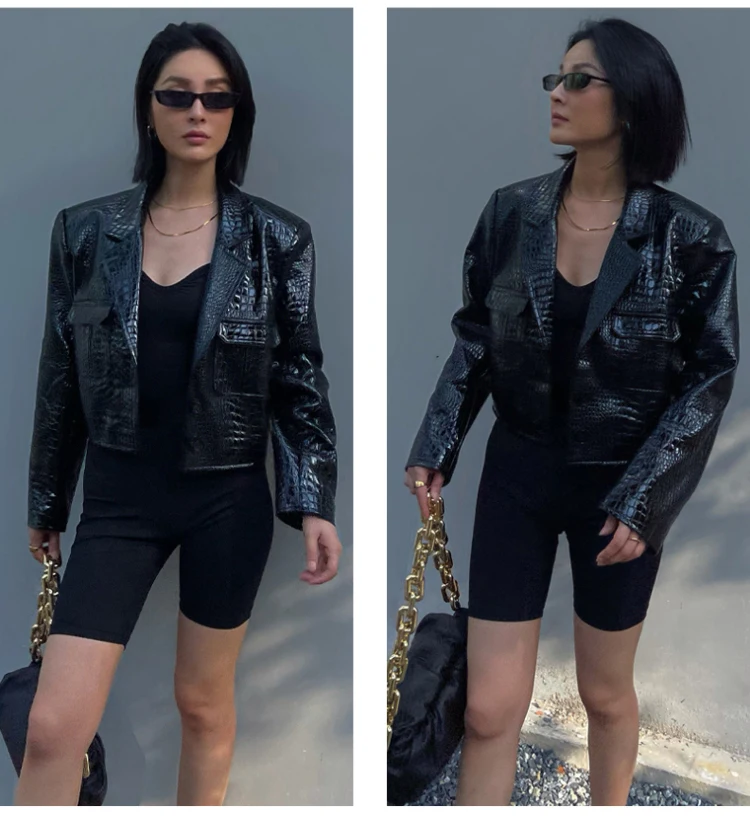 Lautaro Spring Autumn Short Cool Stylish Shiny Reflective Crocodile Print Patent Pu Leather Jacket Women Runway Fashion 2023