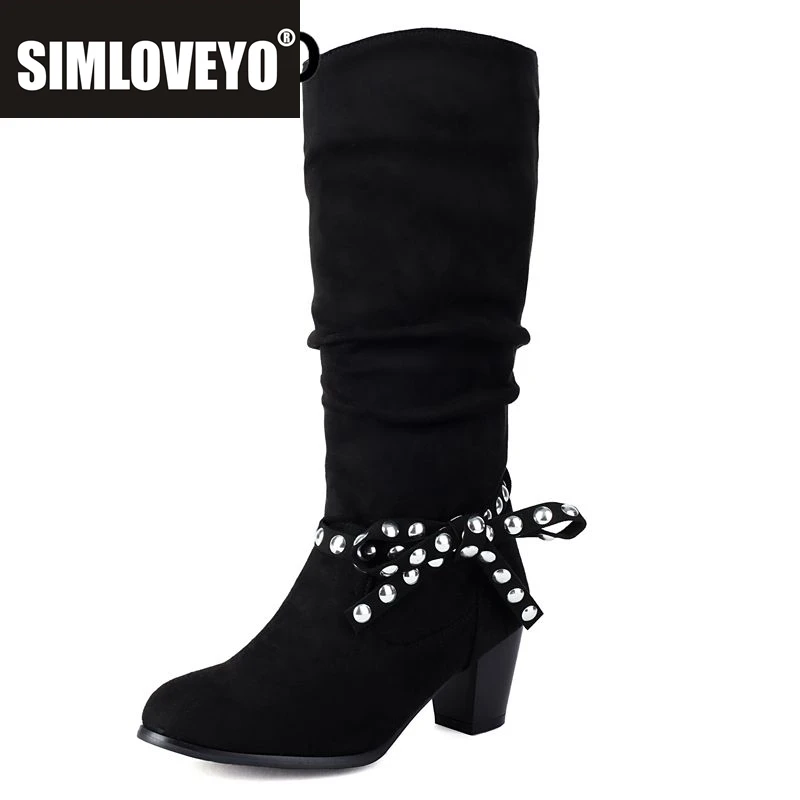 

SIMLOVEYO Замшевые женские сапоги до середины икры из флока с круглым носком на массивном каблуке 6 см без шнуровки с бантом размера плюс 42 43 44 Элегантные ботильоны для свиданий