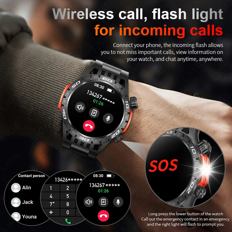 LIGE-reloj inteligente con linterna LED, pulsera con batería de 450 mAh, control del ritmo cardíaco y de la presión sanguínea, Bluetooth, llamadas