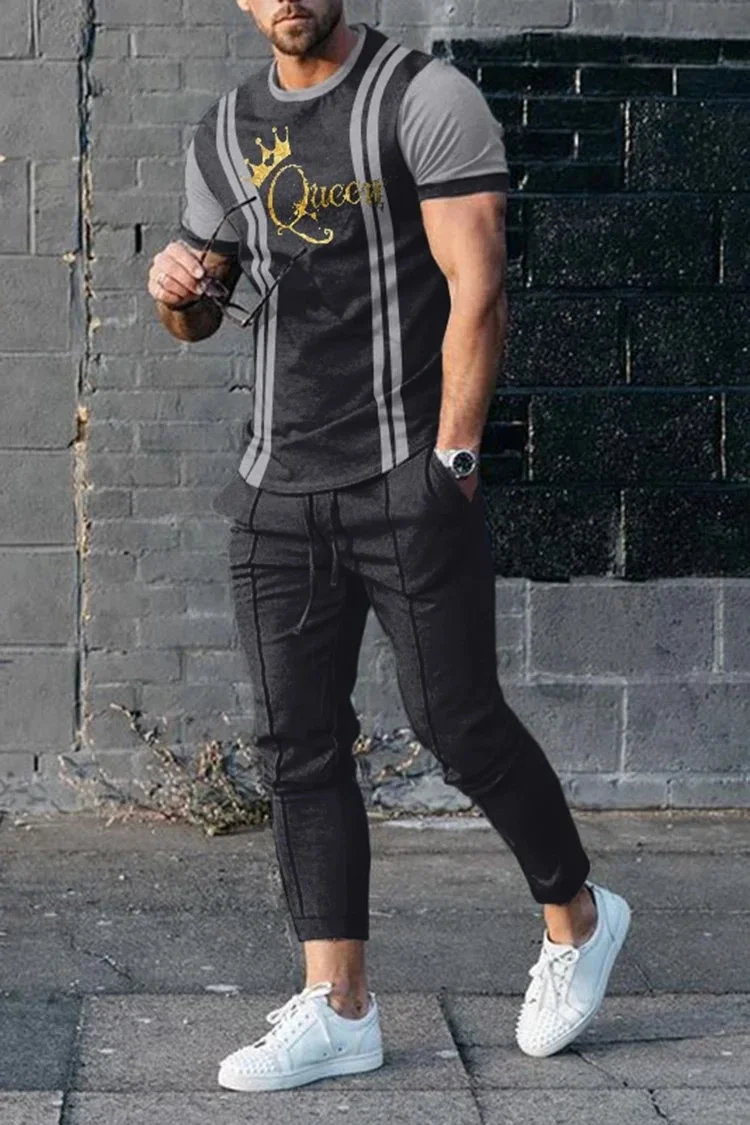 Men's Fashion T-Shirt Black And Gray Gradient King 3D Printed Men's Sets Casual Suit