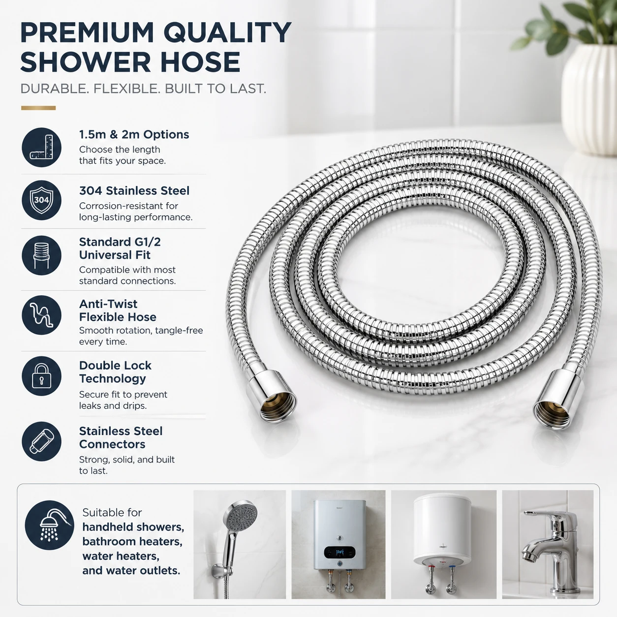 1-3Pcs 1.5m 2m Stainlesss Steel Flexible Shower Hose, Universal G1/2 Anti-Kink Twist-Free Connector Hose for Bathroom