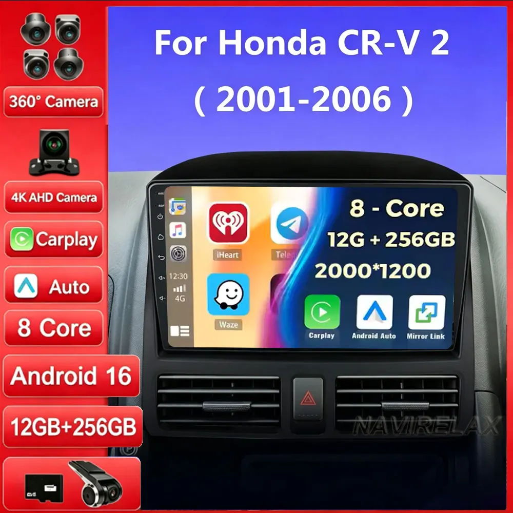 Android 16 Auto Multimedia Video Player For Honda CR-V CRV 2 2001 - 2006 Carplay GPS 2 Din 360 Camera CAR Radio Cooling Fan QLED