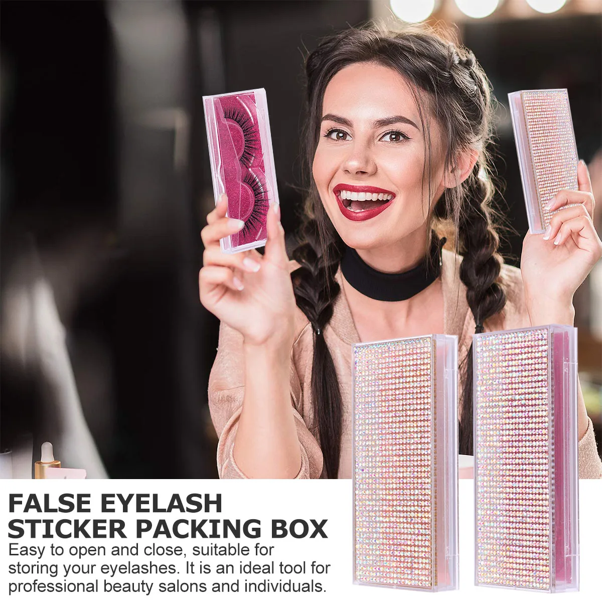 

2Pcs False Eyelash Set Premium Plastic Rhinestone Design Candy Color Lightweight Storage Boxes for Eyelash Organizer Beauty
