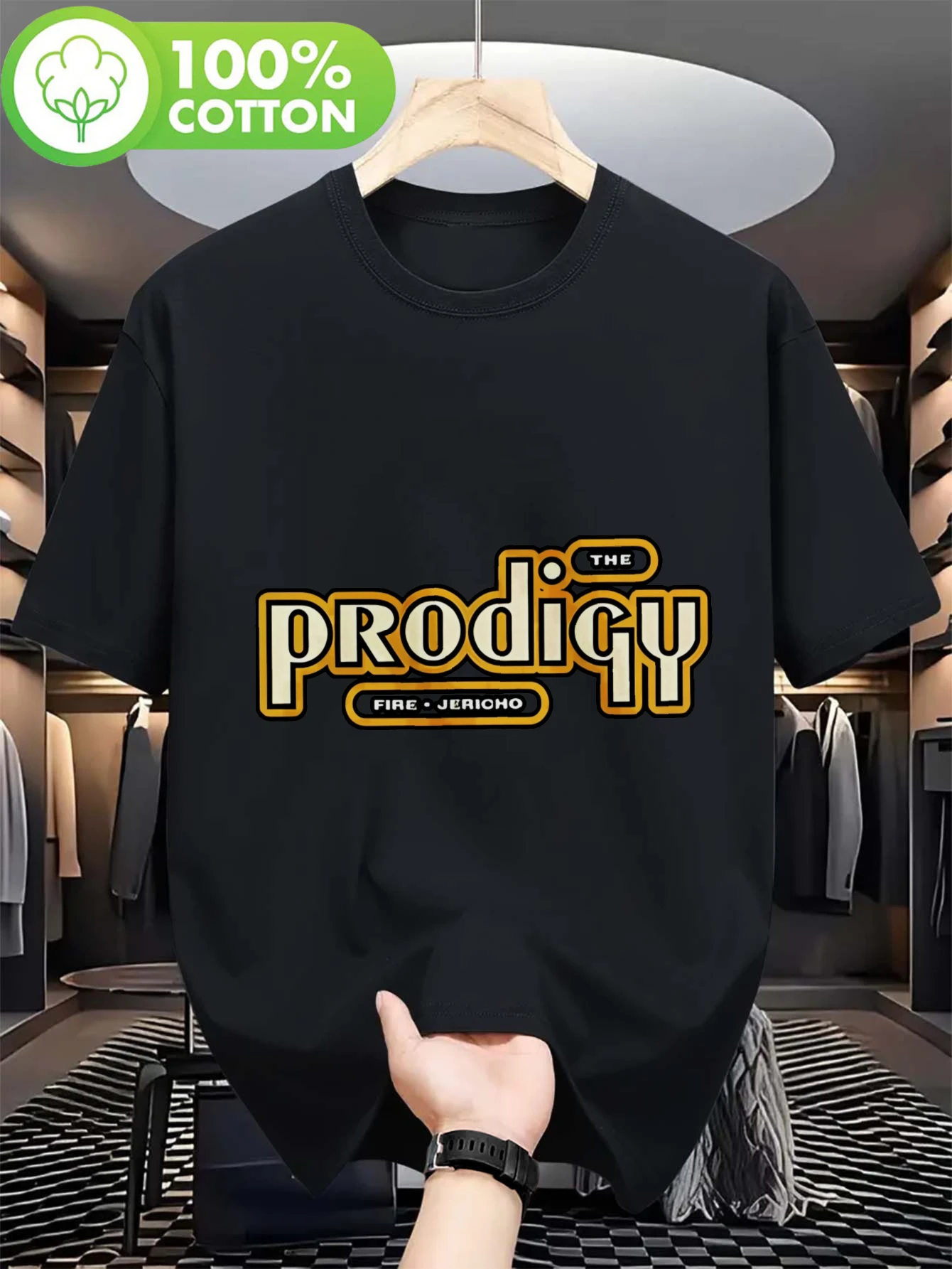 2026 Men'S The Prodigy Official Merchandise Oversized T-Shirt - Black & Golden Iconic Logo Print, Lightweight Breathable Crew Ne