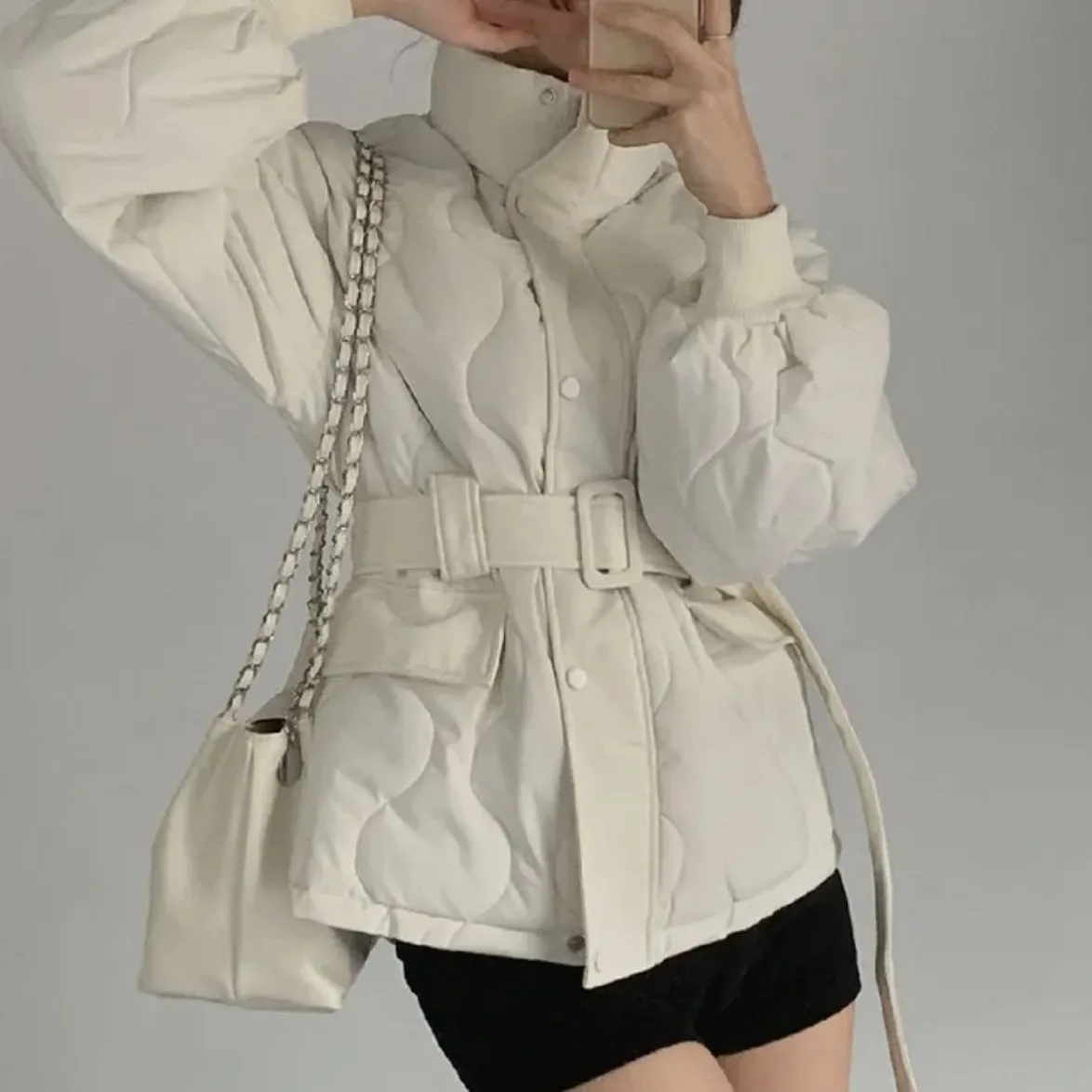 

Women's Cotton Jaet Coat Korean Sle Autumn Winter Gentle Stand Collar Wave Eming Design Waist-Cinching Long Sve Top