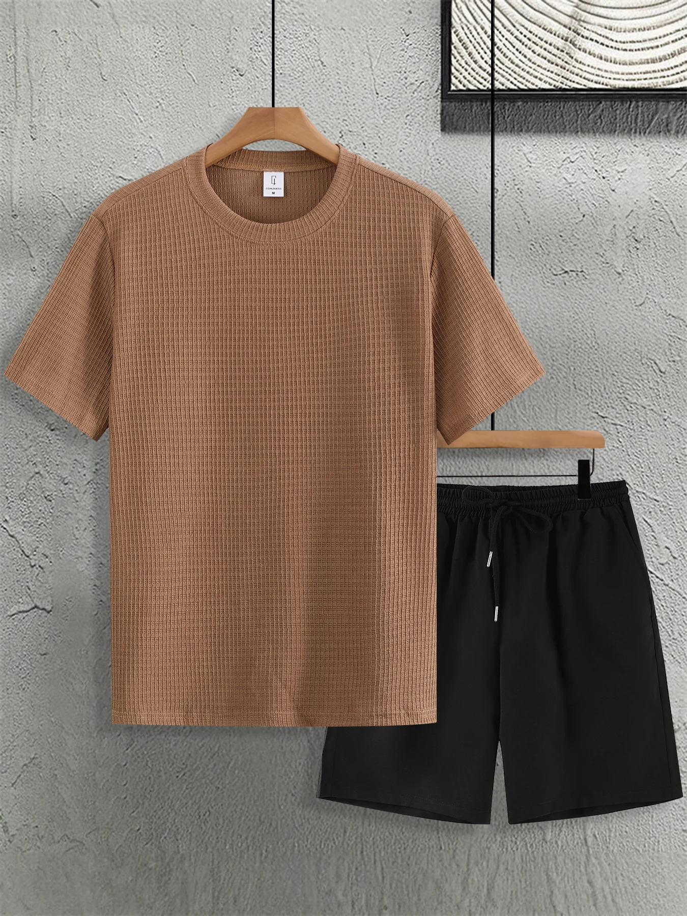 

Men's Khaki Waffle Knit T-Shirt & Shorts Set 2 Piece Summer Crew Neck Short Sleeve Drawstring Casual Outfit