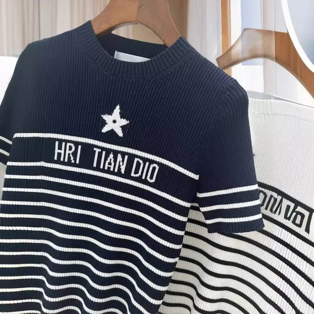 High Quality Dhome 2024 Spring New Striped Letter Short Sleeves Knitted Top Round Neck Star Slimming Top Women's Crew Neck T-Shi