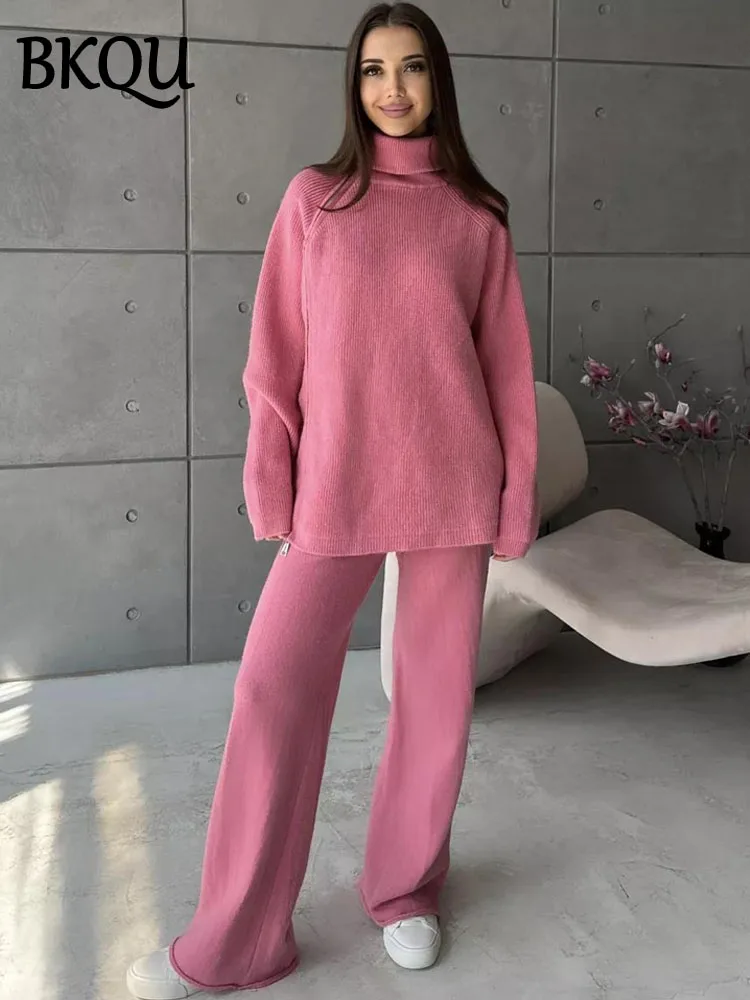 BKQU Dolcevita Maglione con cerniera Pantaloni lavorati a maglia Set da due pezzi Donna Autunno Inverno Casual Pullover caldo Tute elastiche a gamba larga