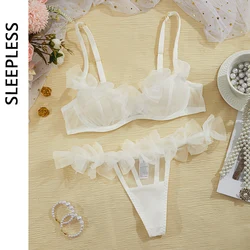 Sexy Lingerie Tulle Bowknot Bra Set Women See Through Lingerie Romantic Bilizna Set Three-Point Intimate Outfit Sexy Underwear