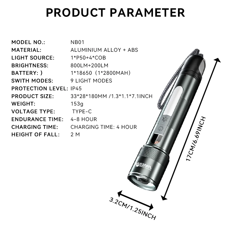 WARSUN-Lampe de poche à lumière LED, 1000 lumens, batterie aste, torche d'extérieur multifonctionnelle, portable, zoomable, pour camping