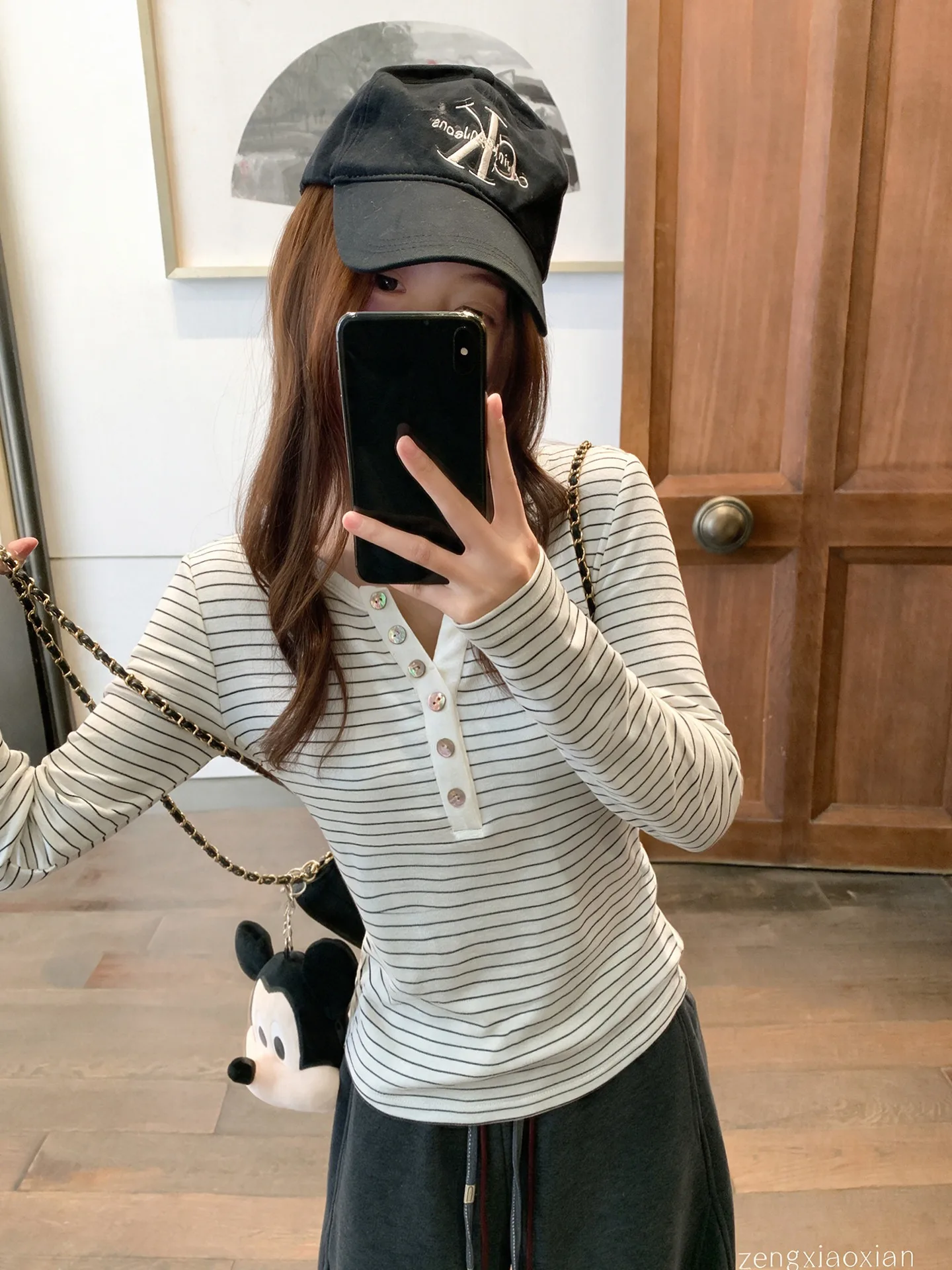 Korean Style Henry Collar Black White Striped Long Sleeve T Shirt Women Slim Fit Positive Shoulder Autumn Basic Inner Top