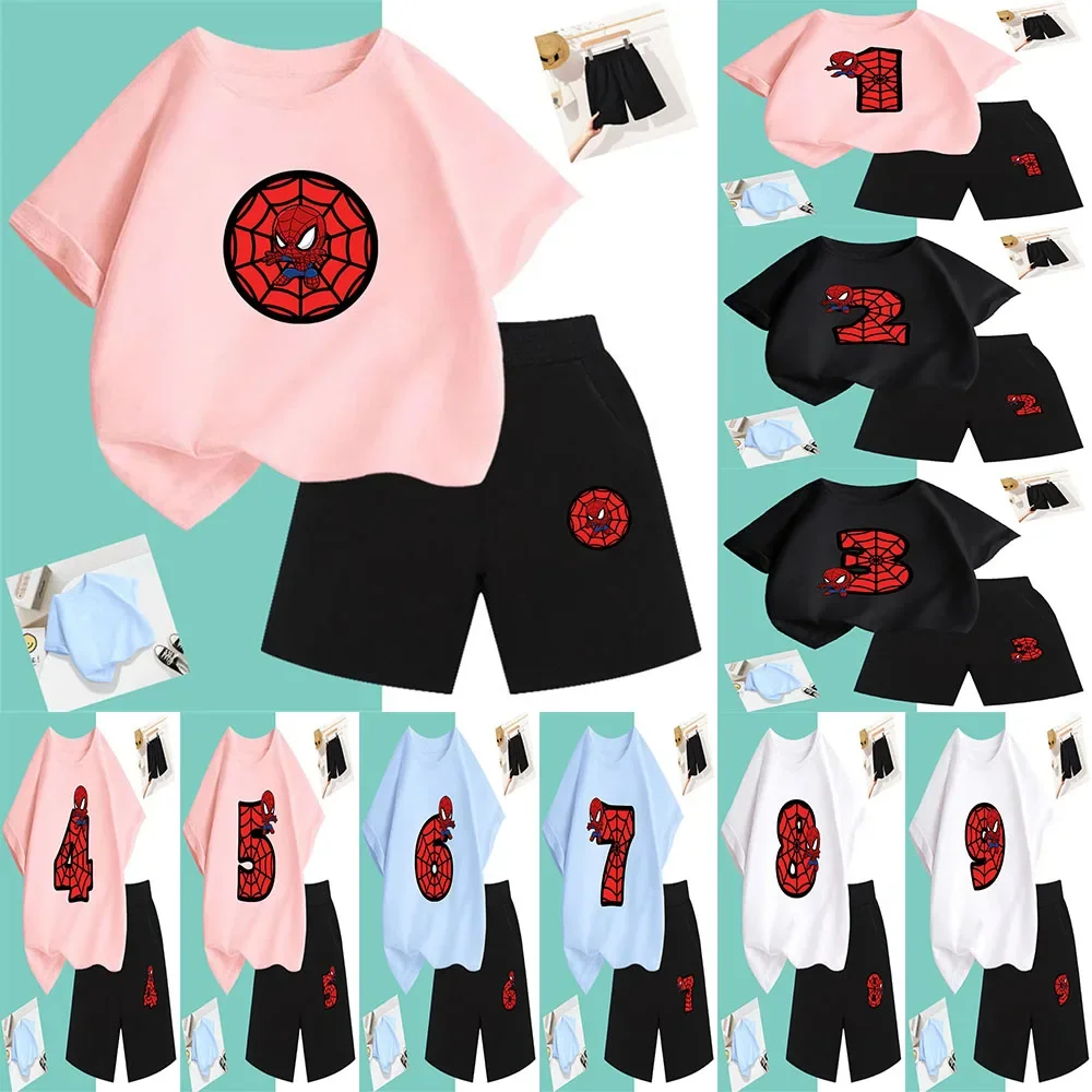 2024 New Summer T-shirt Set Cartoon Spider-man Children Lucky Number 0 - 9 Kawaii Boys And Girls t shirt Top + Pants 2-piece Set