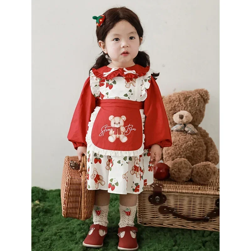 Girls' Cute Bear Coat Spring Autumn New Children's Loose Shirt Baby Cartoon Belt Skirt