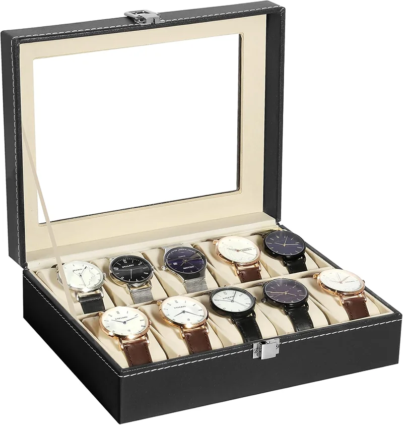 10 Slots PU Leather Watch Box Clear Lid Display Organizer Wristwatch Storage Case Jewelry Holder Men Gift Desktop Showcase