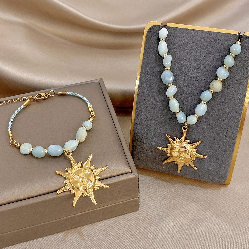 Bohemian Gold Plated Sun Face Charm Pendant Necklace Bracelet Set For Women Natural Blue Bead Braided Rope Jewelry Set Gift