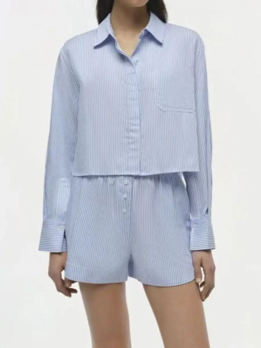 

Women Blue Striped Blouse Top Turn-down Collar Long Sleeve Single Breasted Casual Female Cotton Shirt