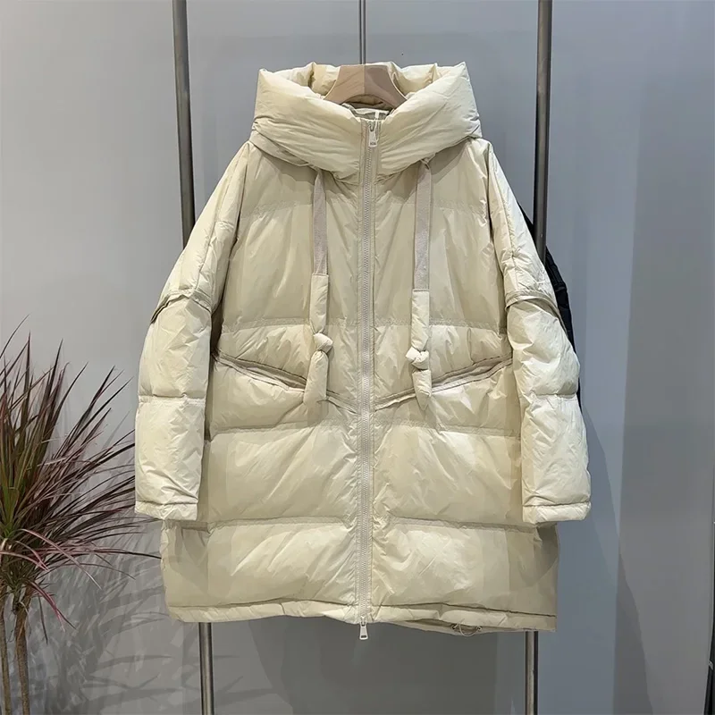 2025年新作 冬 レディース ホワイトダックダウン ルーズジャケット フード付き 女性用 秋 アウター カジュアル オーバーサイズ カジュアル パファージャケット