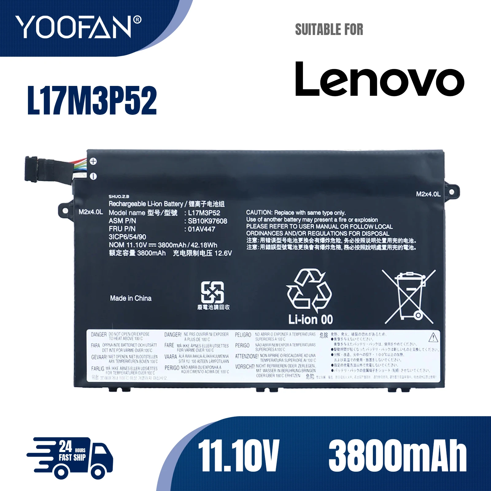 YOOFAN Batería de ordenador portátil L17M3P52 para Lenovo ThinkPad E480 E485 E580 E490 E590 E585 R480 R580 01AV448 01AV447