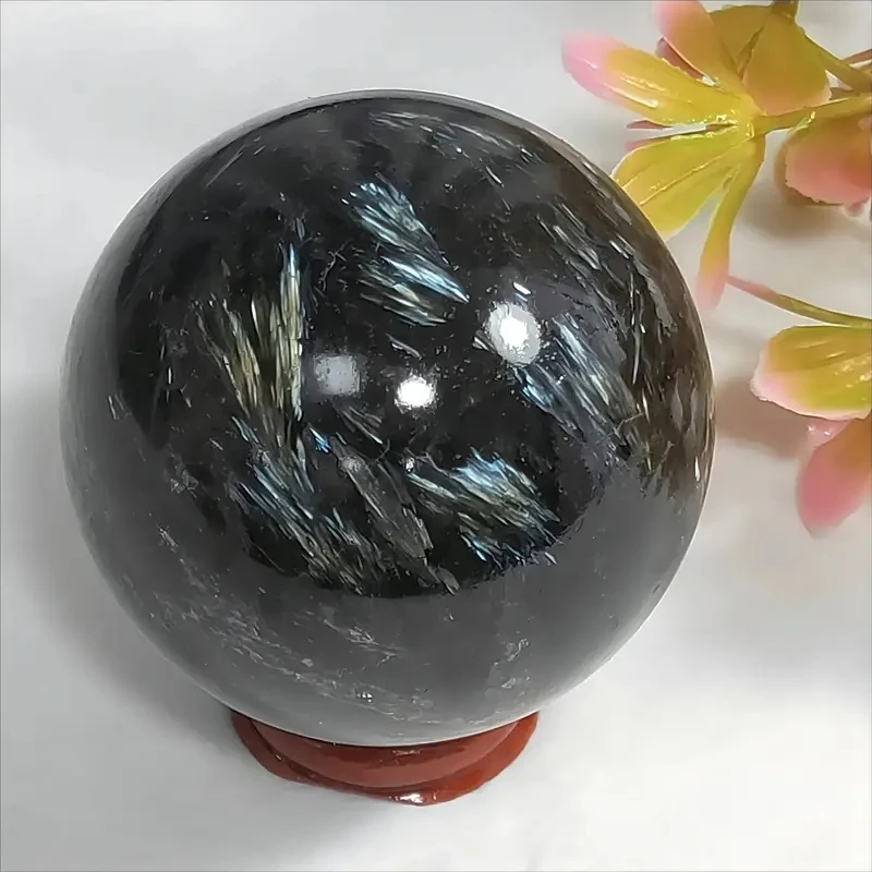 1Pc 0.44-1.1LB Large Astrophyllite Garnet Sphere With Wood Based Stand Crystal Quartz Collection Black Firework Reiki