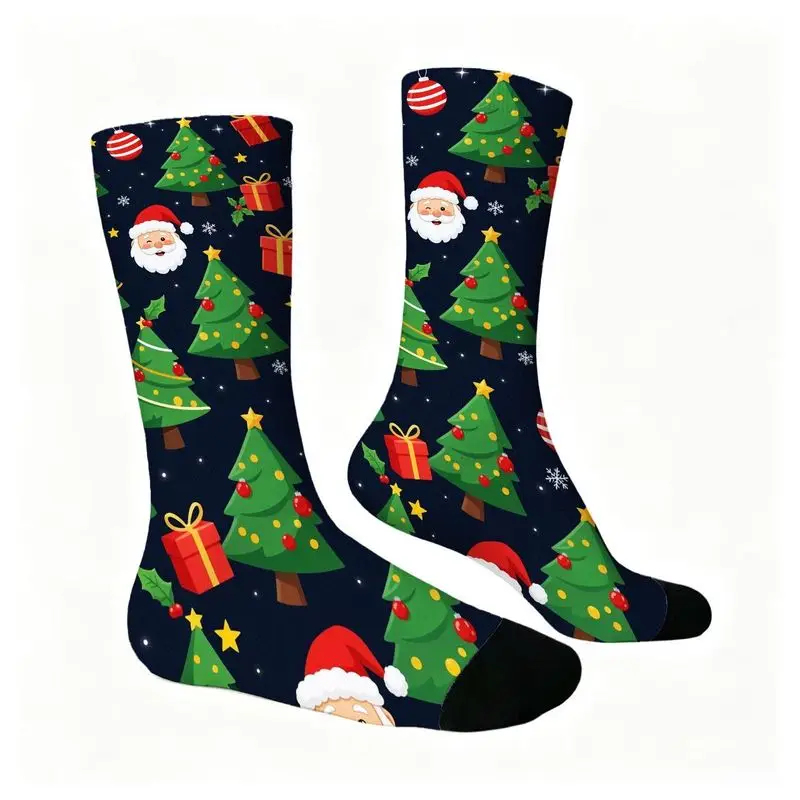 1 Pair Unisex 3D Digital Print Socks with Fun Christmas Tree Santa Pattern, Novelty Mid Calf Hosiery Polyester And Spandex Blend