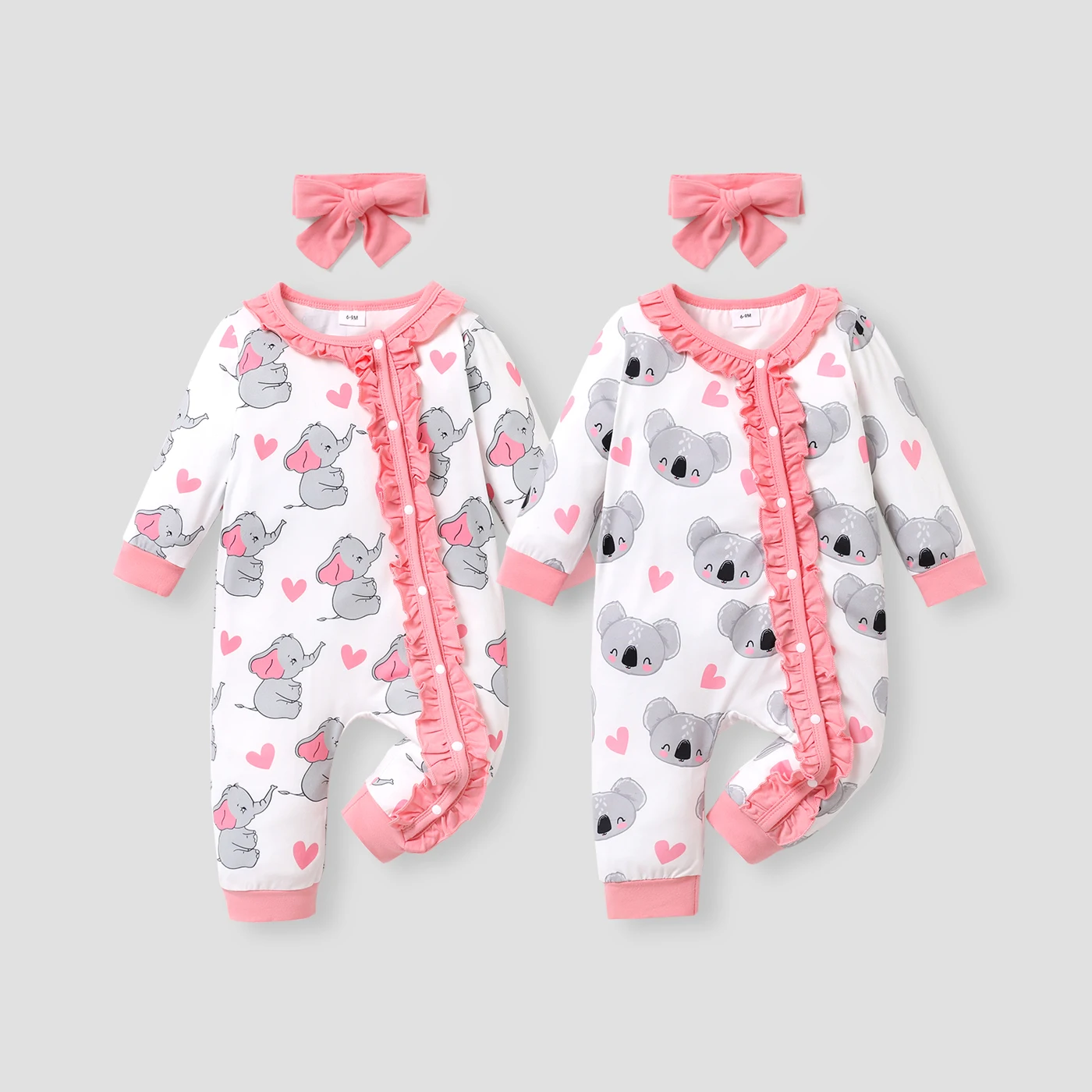 

PatPat 2pcs All Over Cartoon Koala Print White Long-sleeve Ruffle Snap-up Baby Jumpsuit Set