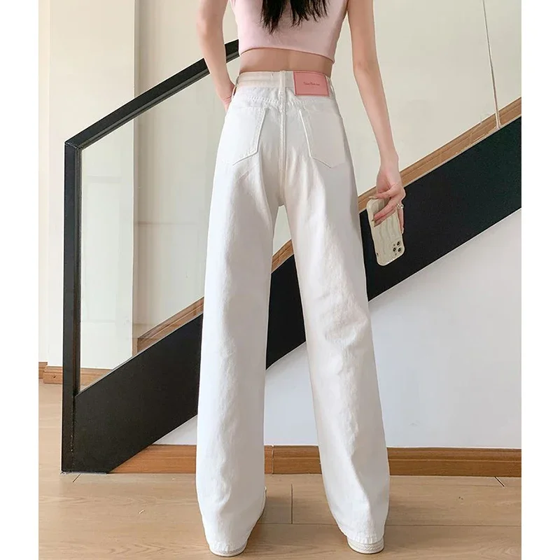 Pantaloni jeans a gamba dritta stretta bianca femminile Pantaloni classici in denim a vita alta da ragazza Pantaloni casual alla moda coreana da donna