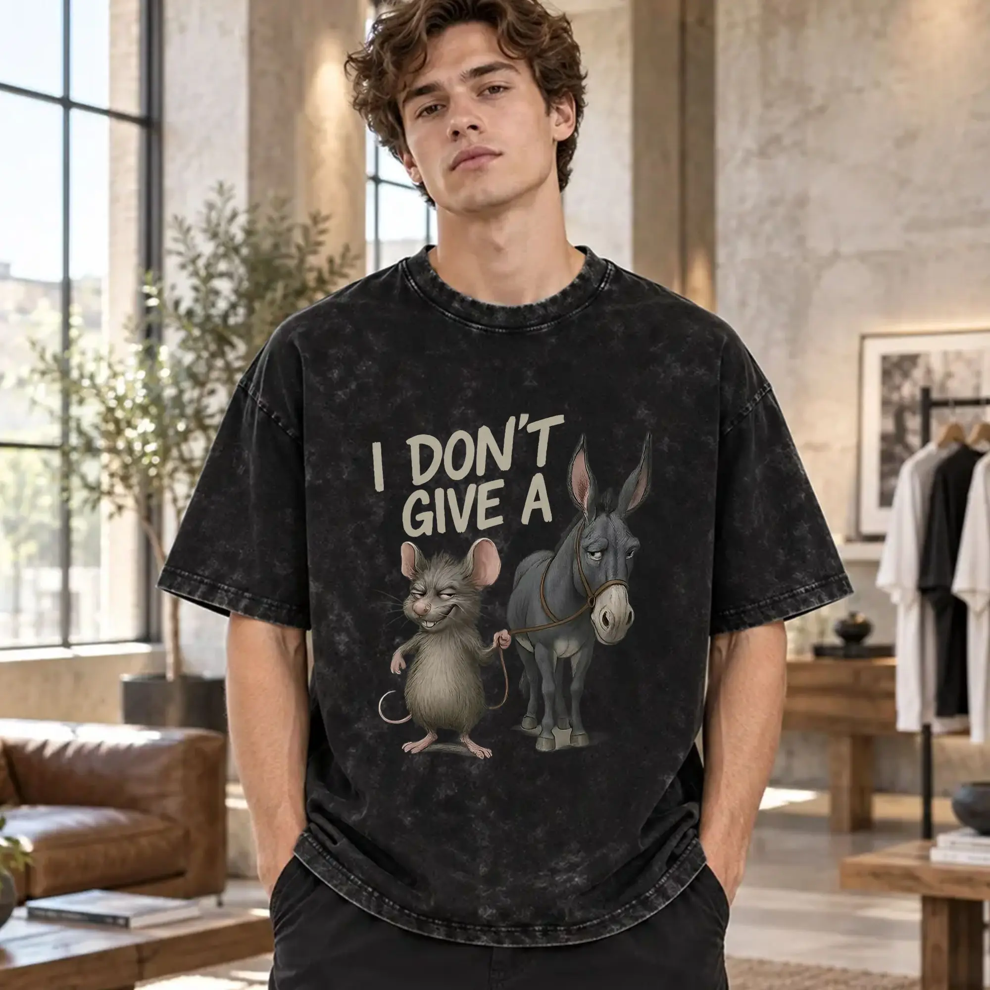 I Don't Give a Rats Ass Mouse Donkey Funny T-Shirt Men  Fun Cotton Tee Shirt Round Collar Short Sleeve T Shirt Party Clothes