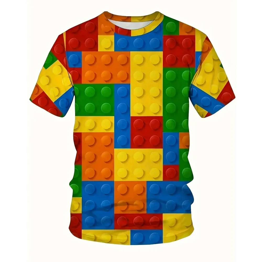 Boys Trendy Building Block 3D Print T-Shirt Street Style Round Neck Children's Clothing Short Sleeve Tee Top Summer Boys Clothes