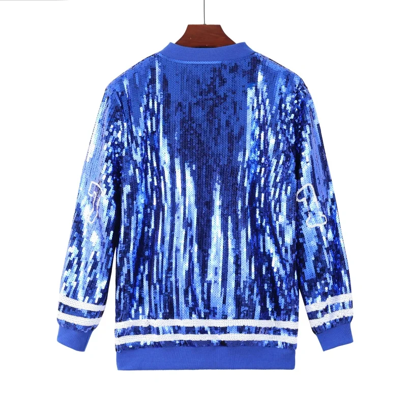 

2026 Spring Autumn New Women's Digit Long Sleeve Streetwear Zipper Jackets Sequins Round Neck Loose Outerwear Coats