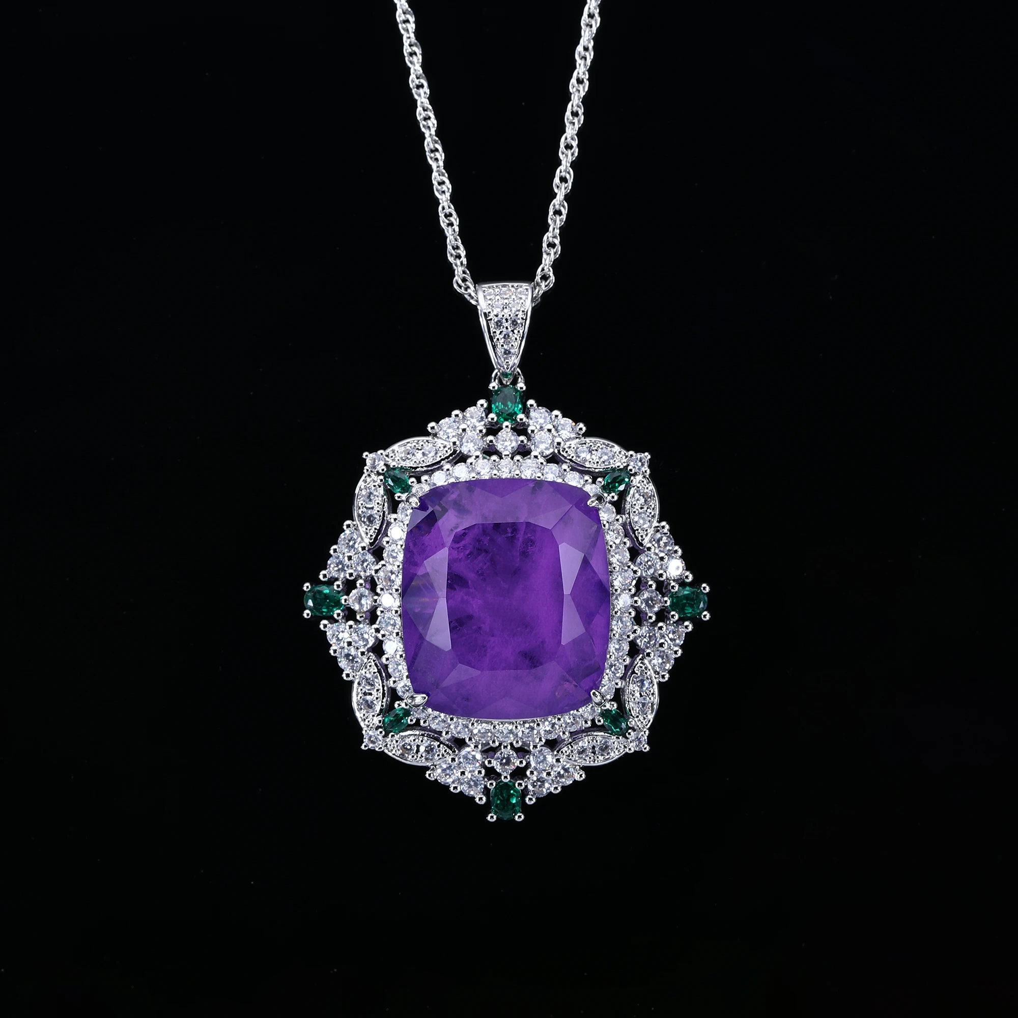 Sparkling Zircon Elegant Purple Pendant Necklace Luxury Princess Cut Square Purple Fusion Stone Colar Women Brazil Jewelry