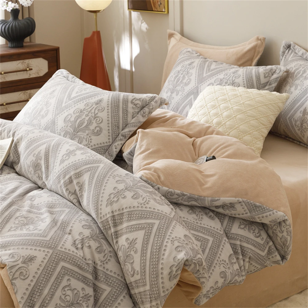 Thickened Milk Fleece Bedding Set Winter Warm Double-Sided Coral Velvet Four-Piece Sets Duvet Cover Light Luxury Quilt Cover Set