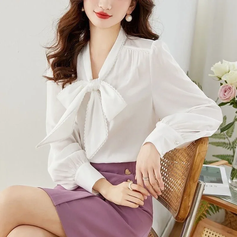 Elegant Bow Chiffon Blouses Office Women Fashion Autumn Winter Blusas Korean Clothing White Black Ladies Puff Sleeve Tops Shirts