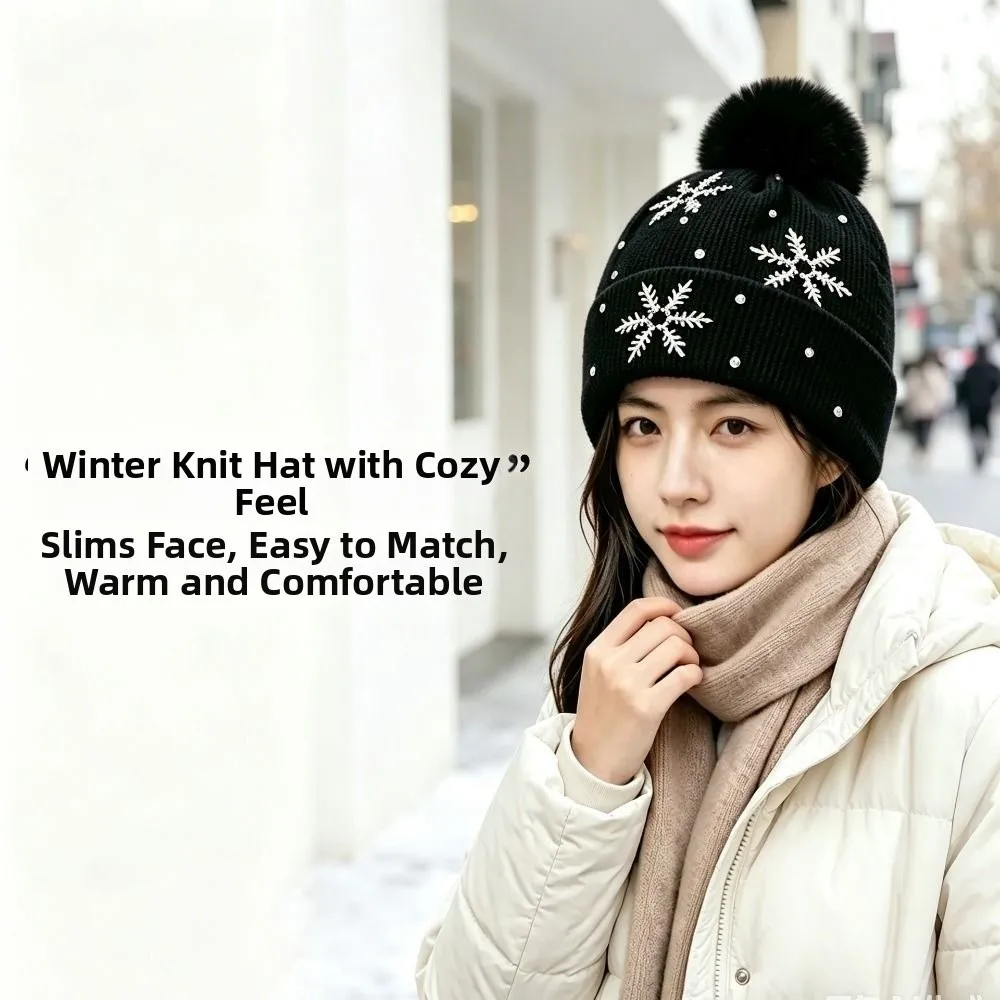 Thickened Women Snowflake Knitted Hat Keep Warm Ear Protection Winter Balaclavas Cap Snowflake Rhinestone Windproof