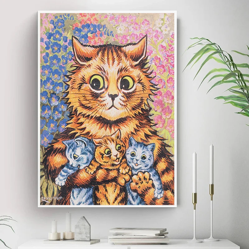 Famous Louis Wain Cat Portrait Vintage Poster Canvas Painting The Cat Gathering Cute Kitty Giclee Fine Art Print Room Home Decor