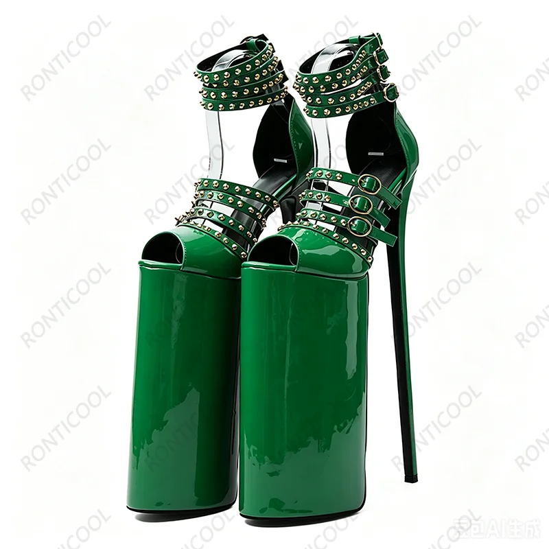 Ronticool Handmade Women Ankle Strap Sandals Sexy Studded Stiletto Heels Round Toe Pink Party Shoes Ladies US Plus Size 7-15
