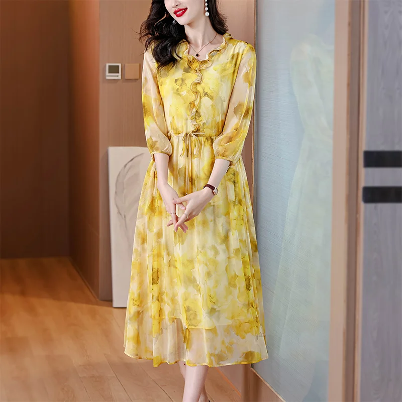 2024 Summer Korean Vacation Fashion Elegant Midi Dress New Luxury Dance Party Dress Women Boho Beach Floral Silk Casual Vestidos