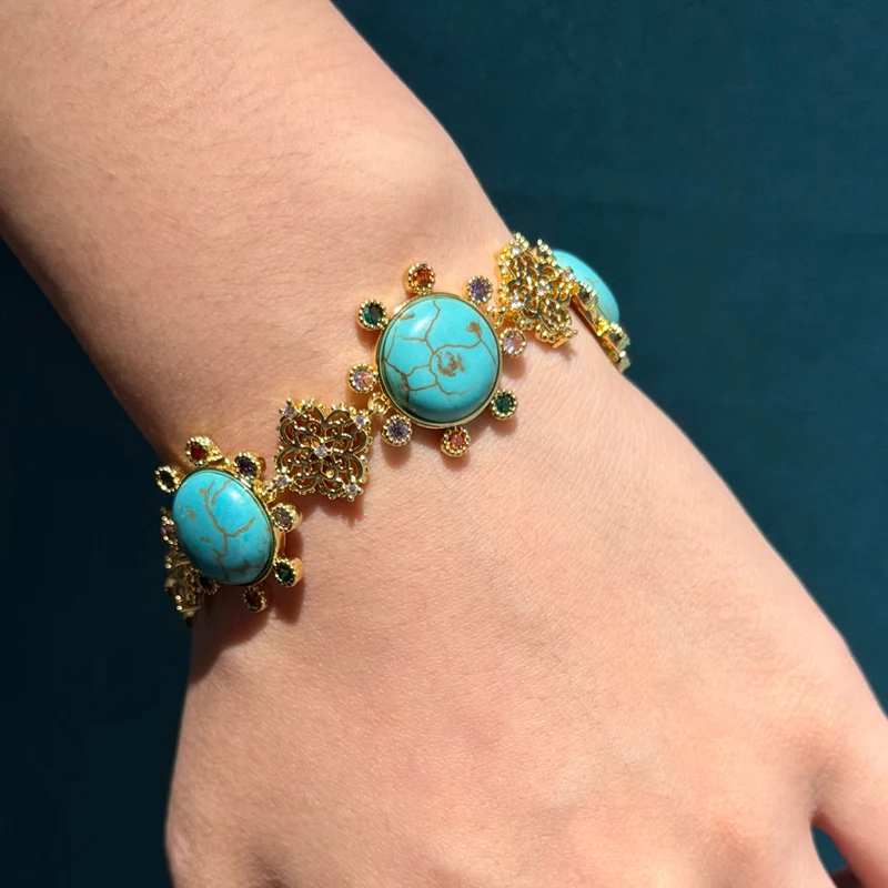 

Vintage Turquoise Jewelry Set Luxury Brands Sunflower Rhinestones Choker Necklace Earrings Bracelet Accessories Women Wedding