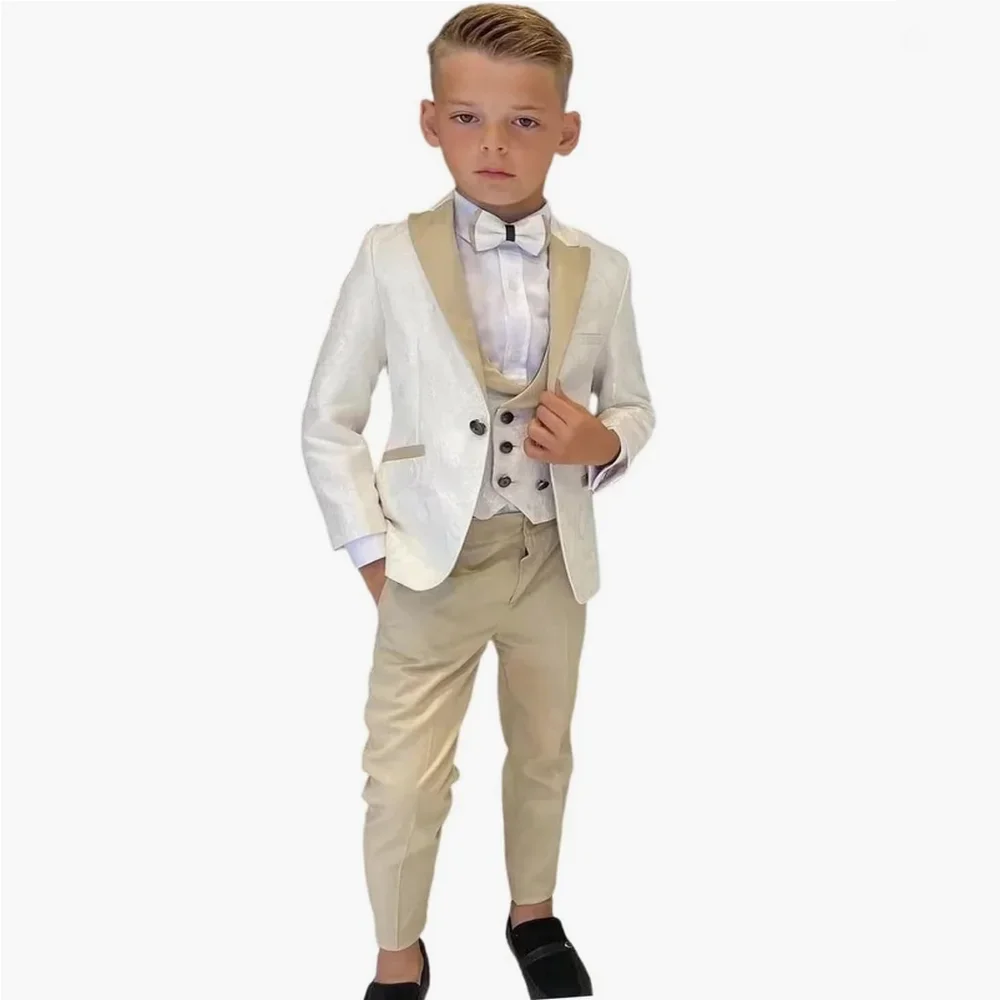 Boy Formal Suits for Dinner Ivory Floral Pattern Jacket Child Tuxedos Kids Costume For Wedding Prom Wear (Jacket+Vest+Pant)