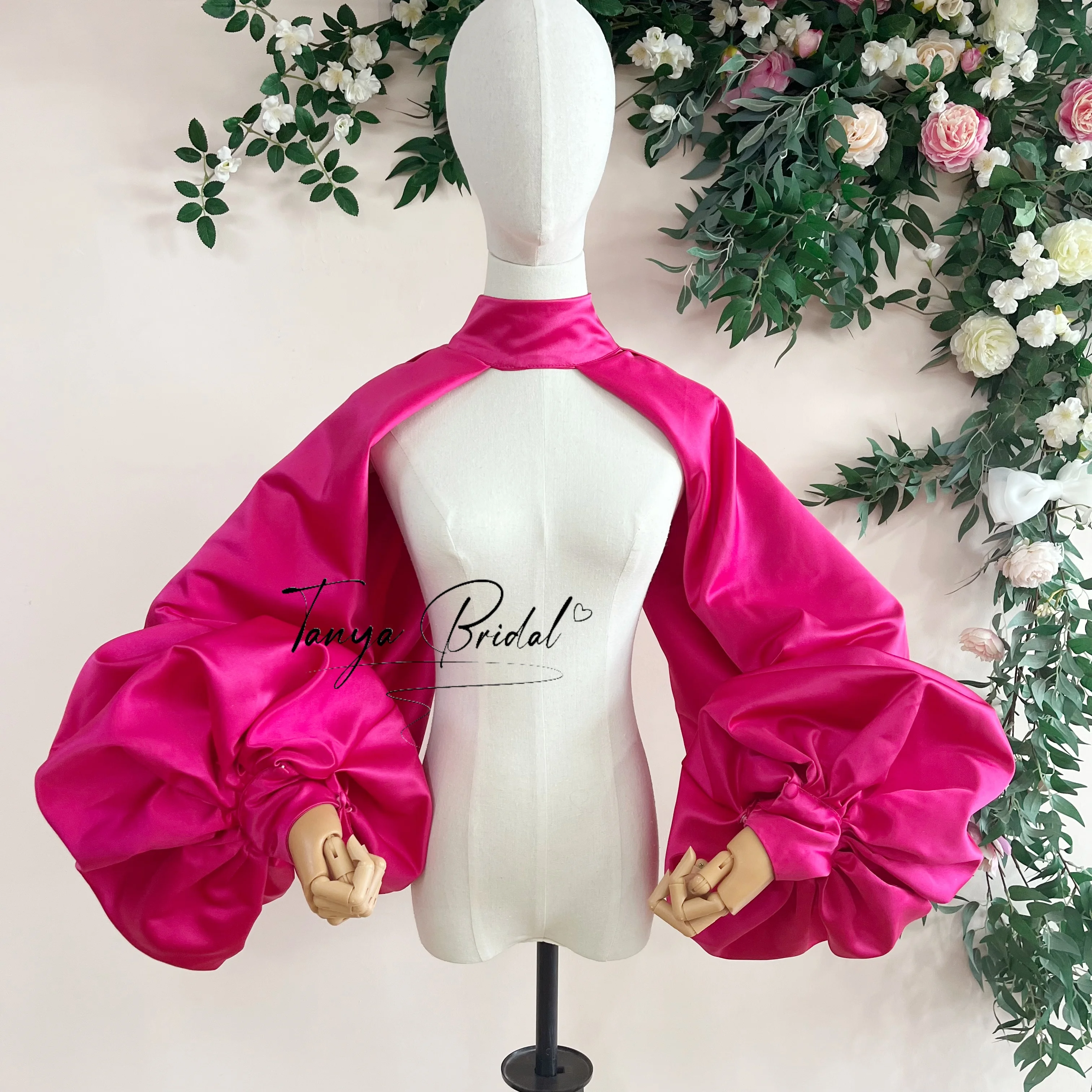 fuchsia-satin-high-neck-bolero-jacket-with-giant-puff-sleeves-back-button-cape-shrug-for-wedding-evening-dress-cover-up