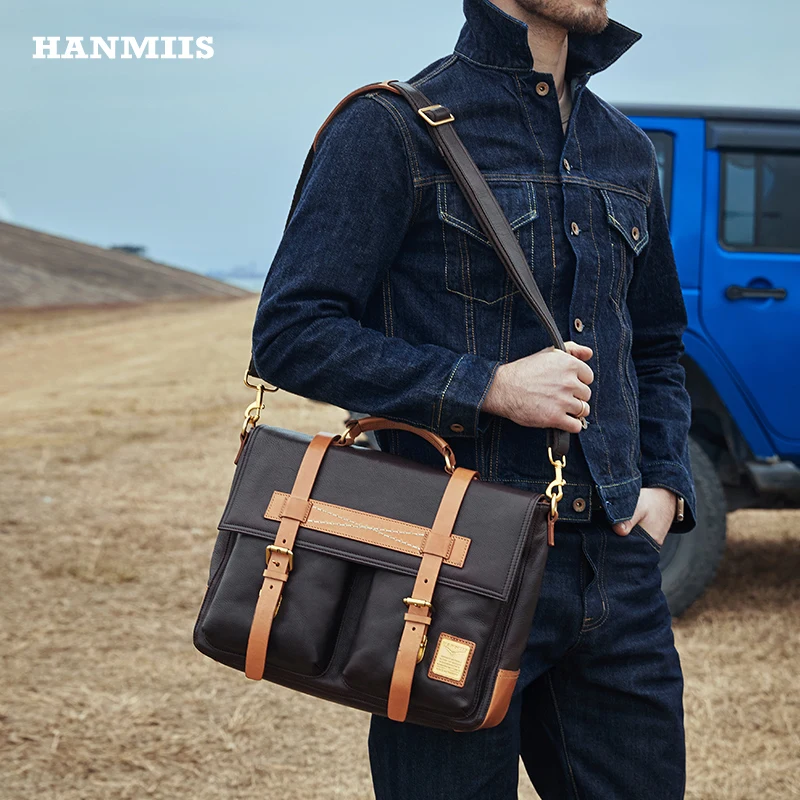 HANMIIS Full Grain Leather British Messenger Bag Genuine Leather Men Crossbody Briefcase Business Vintage Shoulder Handbag