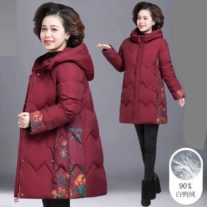 High End Mother Clothes Winter Down Jacket Korean Loose Long Thick Warm Puffer Coat Middle-aged Elderly Cotton Padded Parkas 6XL