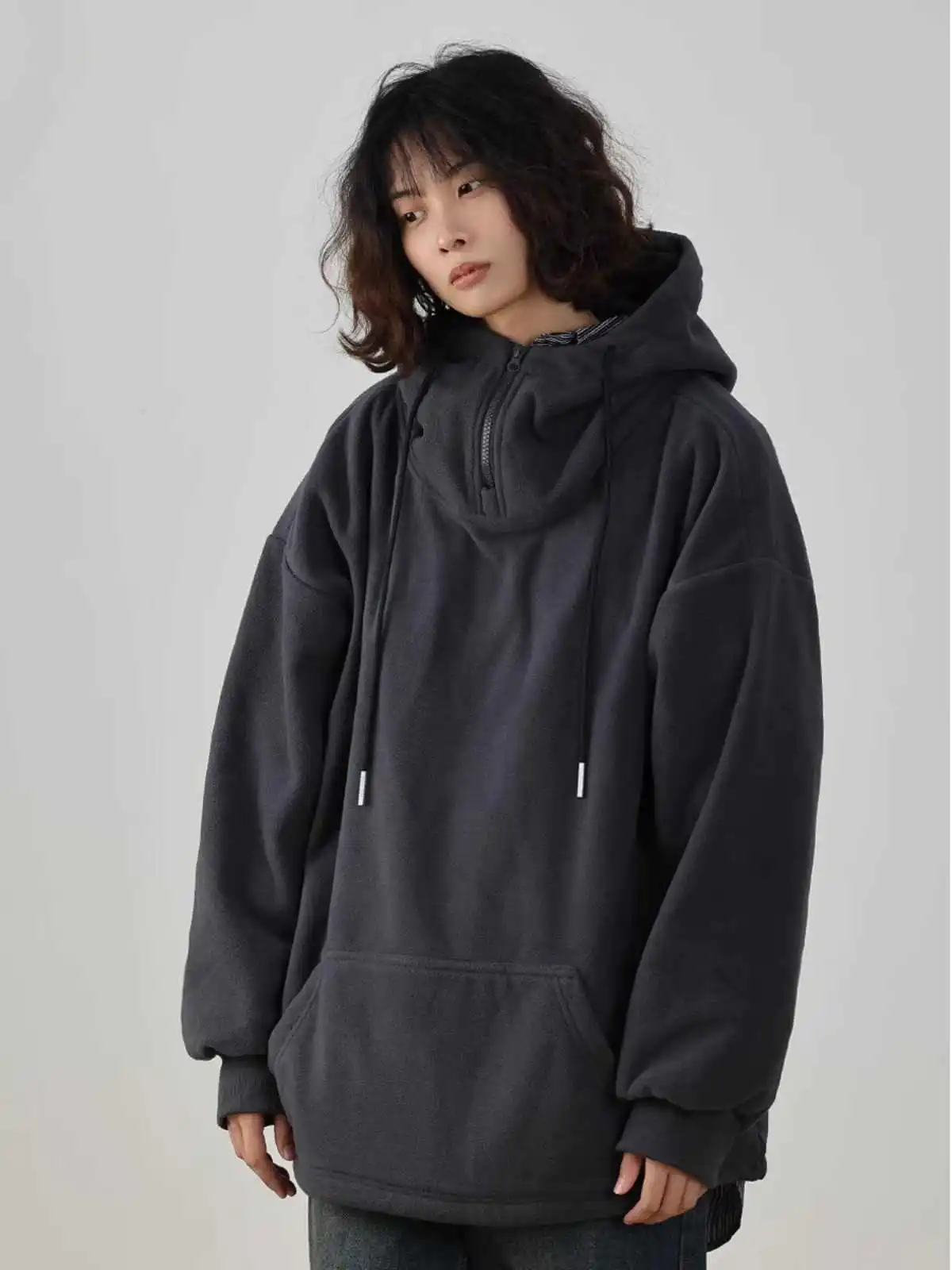 

Унисекс флисовая толстовка с капюшоном, плотная, повседневная верхняя одежда свободного кроя в ретро-стиле, на молнии, с длинными рукавами, цветная