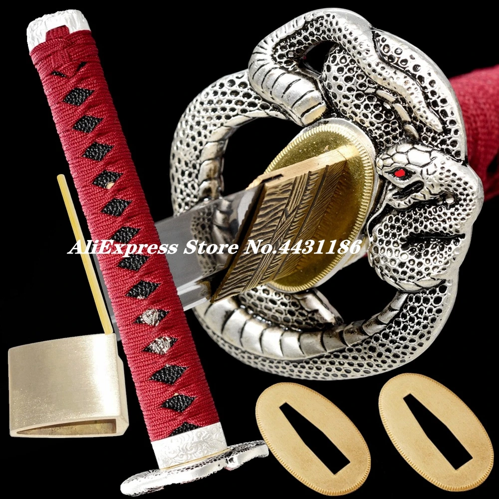 A Set Silvery Snake Tsuba+Menuki+Fuchi+Kashira+Handle+Habaki+Seppa For Japanese Samurai Sword Katana/Wakizashi Metal Fittings