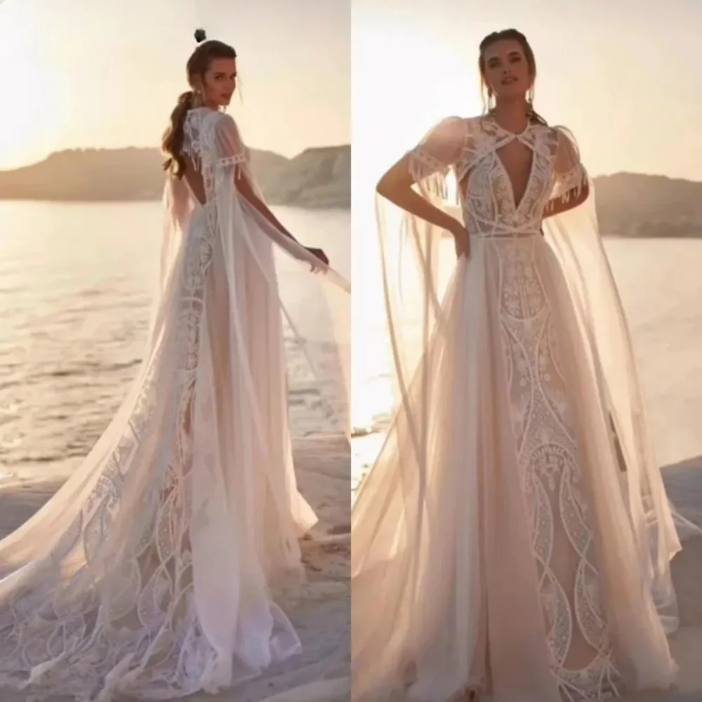 Unique Bohemia Wedding Dress Chic Lace V Neck Open Back Detachable Cape Tassel Vintage Beach Bridal Gowns Customized