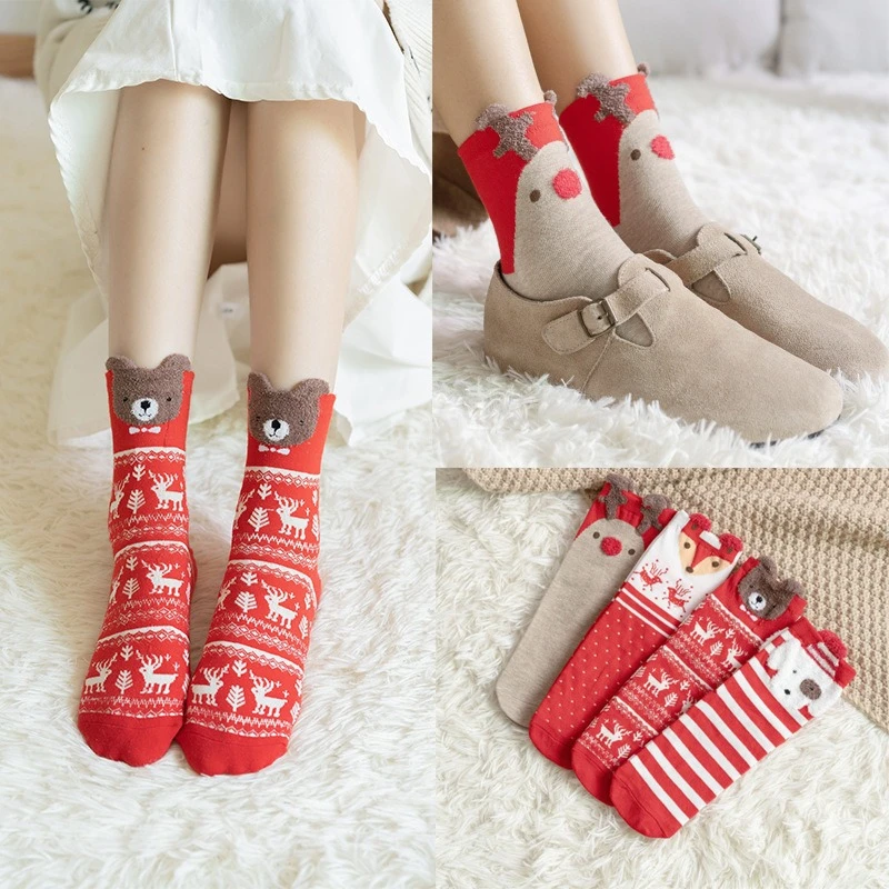 

4 Pairs Fashion Cartoon Santa Claus Socks Unisex Family Home Socks Striped Stretch Sox Women Holiday Christmas New Year Red Sock