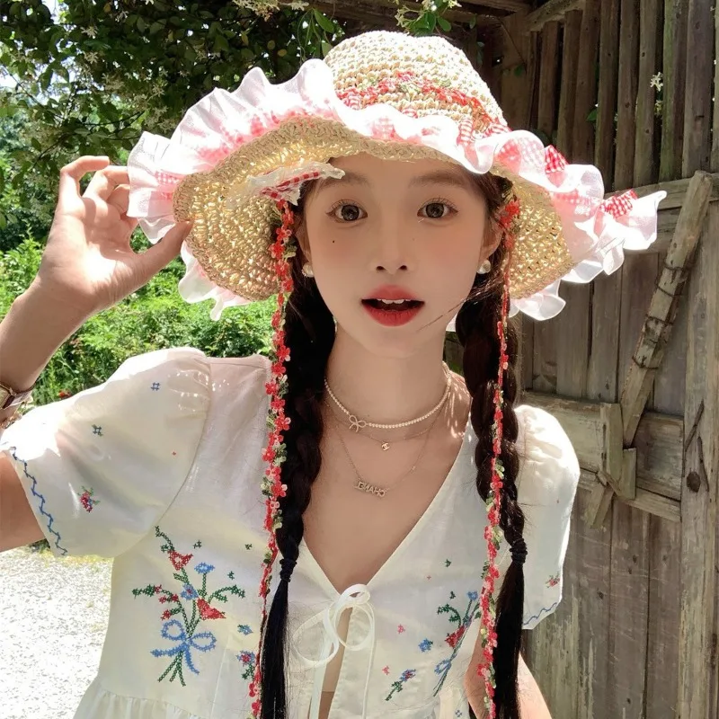 UV Protection Women s Summer Straw Hat Colorful Butterfly Decor Lace Trim Large Brim Sun Protective for Beach Vacation Use
